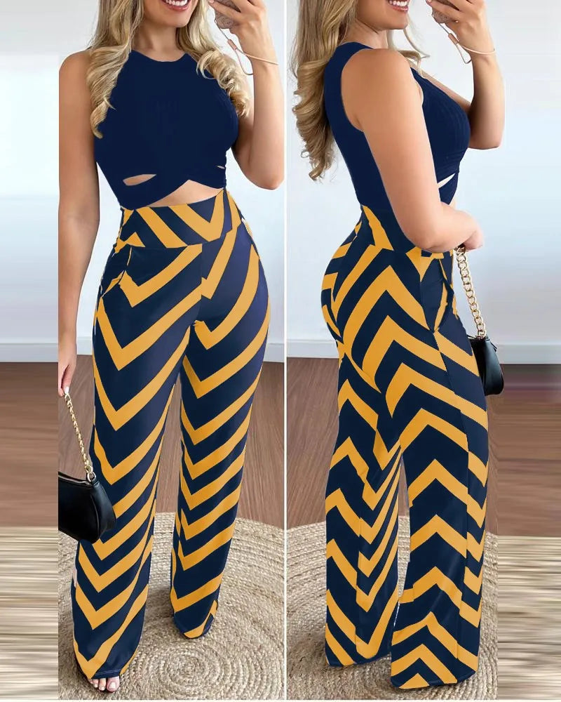 Spring Summer New Sleeveless Short Top Women's Suit Fashion Printed Trousers Slim Slim Simple Elegant Female Office 2 Piece Set - JN Fashion Fusion