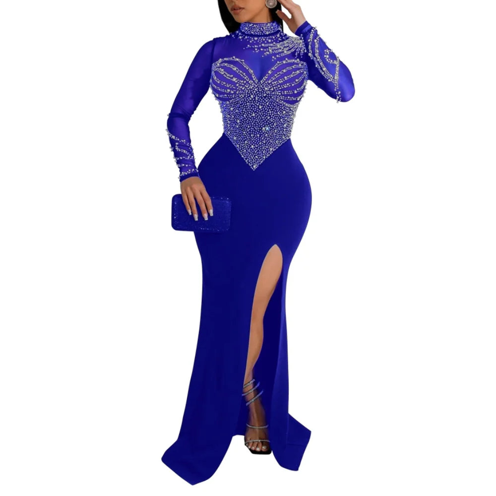 Plus Size Pearl Party Dress Female Diamond Sheer Mesh Clothing Evening Luxury Club Outfit 2024 Spring Elegant Pretty Women Dress