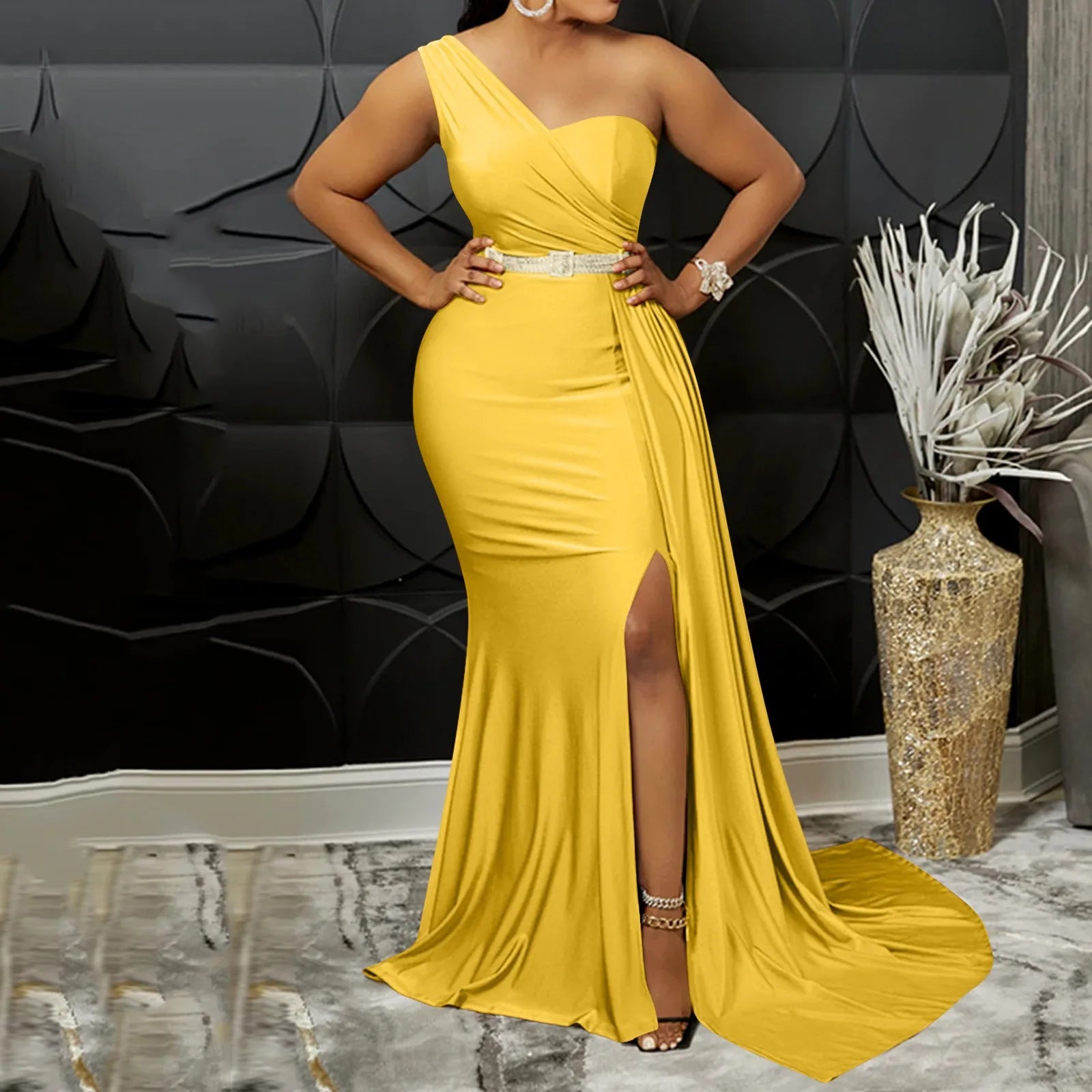 Yellow Women Sexy Bodycon Dresses Elegant One Shoulder Formal Party Event Evening Dress Female Side Slit African Gowns Vestidos - JN Fashion Fusion