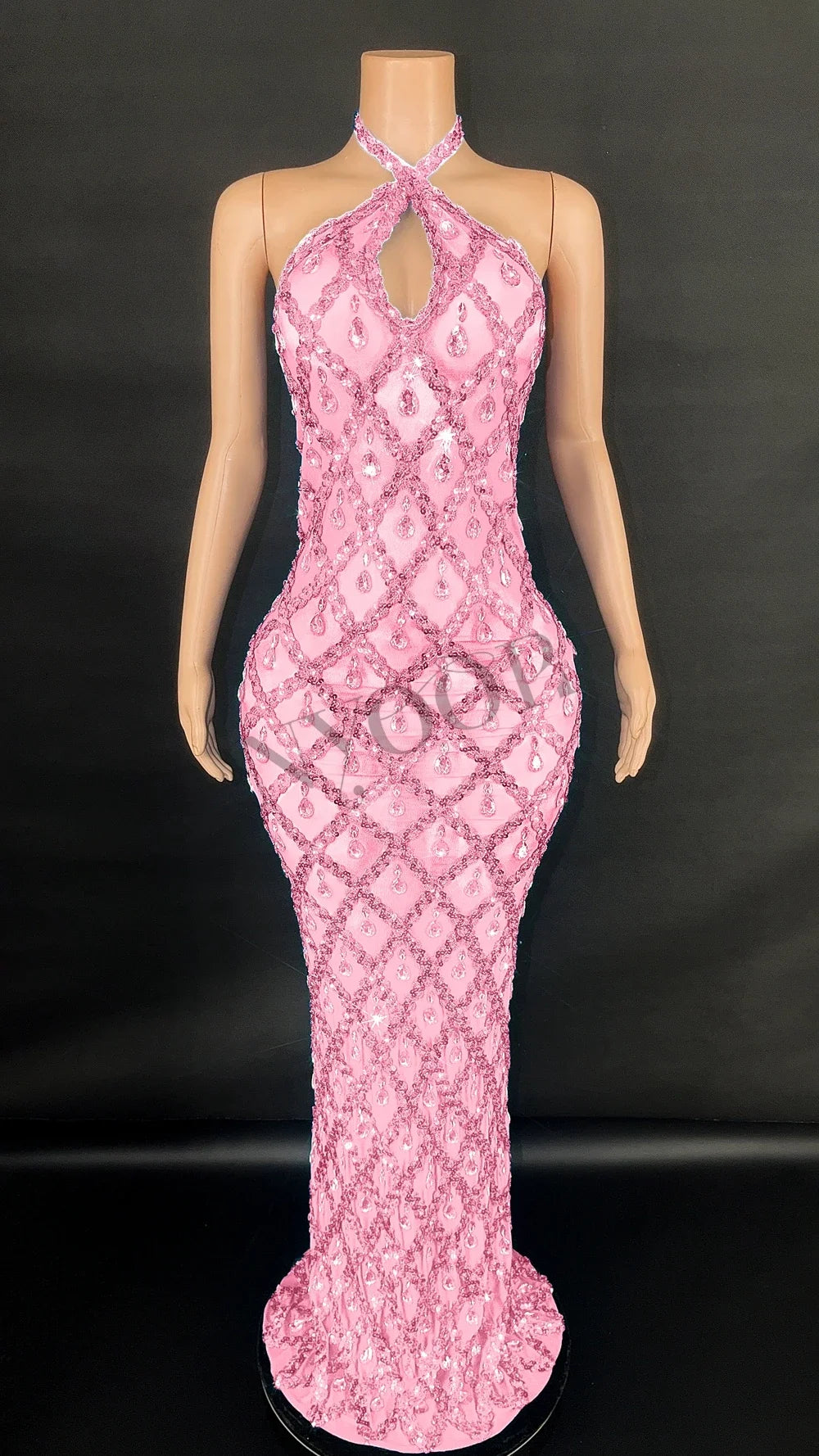 Sparkly Rhinestones Long Dress for Women Sexy V Neck Backless Mesh Transparent Celebrate Evening Wedding Prom Birthday Dress - JN Fashion Fusion