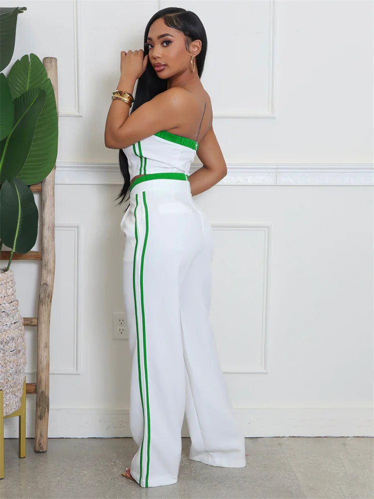 2025 Spring Fashion New Casual Women's Sets Strapless Chest wrap Crop Tops and Pants Streetwear Black Two 2 Piece Set Outfits - JN Fashion Fusion