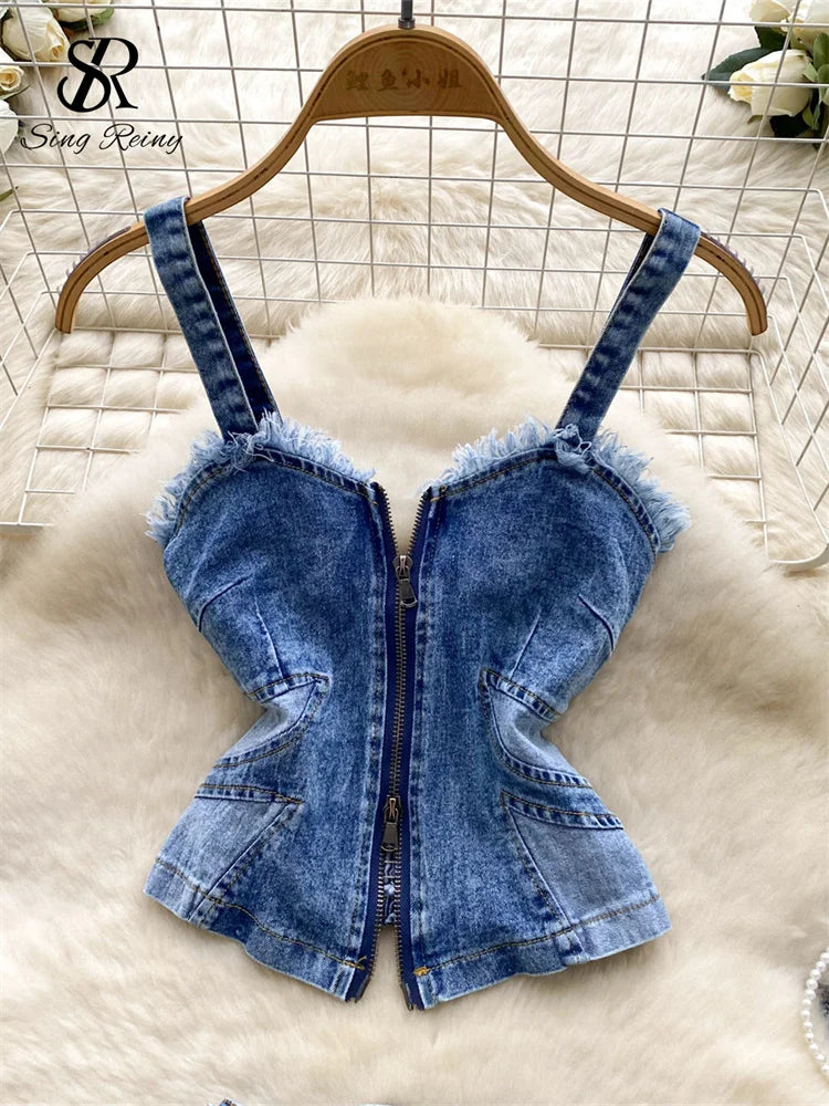 SINGREINY American Hotsweet Denim Suits Zipper Skinny Mini Top+High Waist Bodycon Skirt Women Summer Streetwear Two Piece Sets