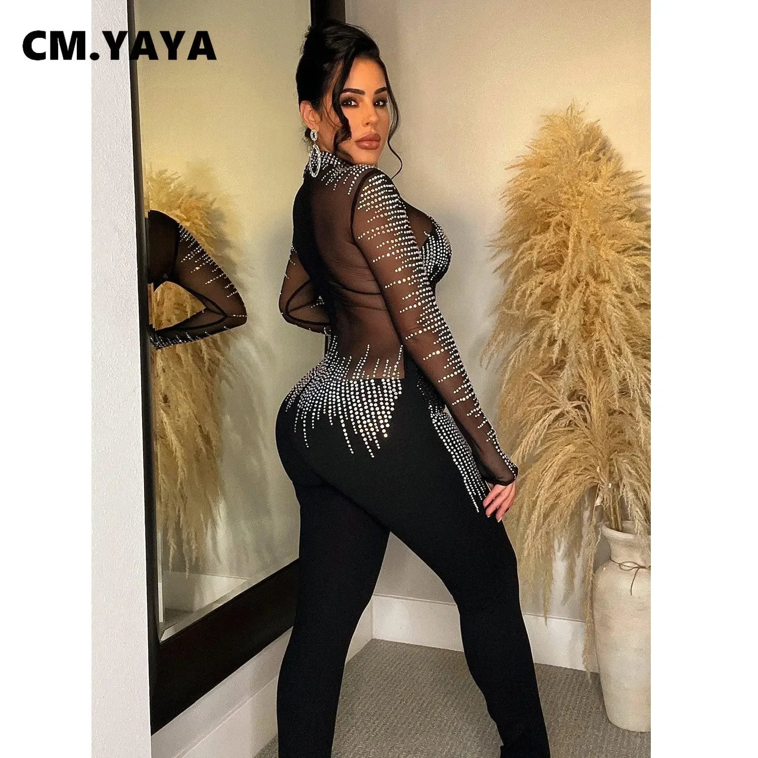 CM.YAYA Women Diamonds Hot Rhinestones Mesh See Though Long Sleeve Stretch Jumpsuit 2023 Party Evening Playsuit One Piece Set