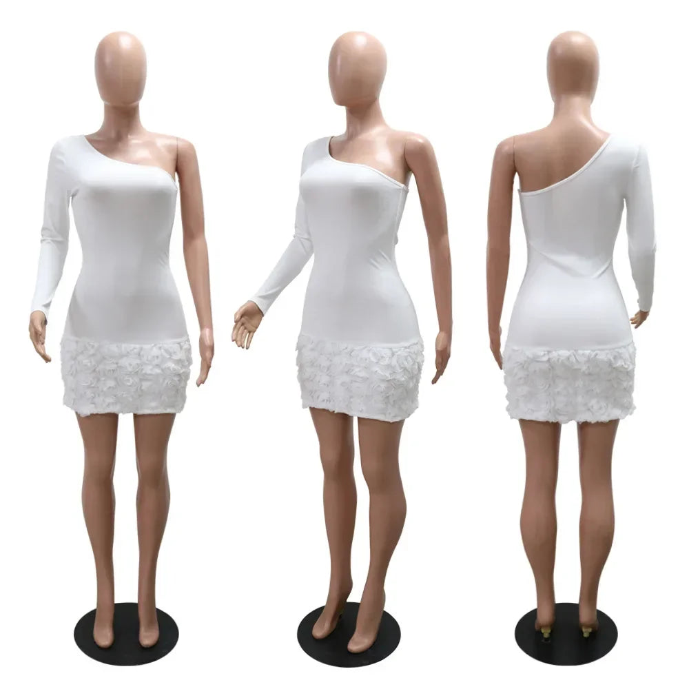 Women Knit Ribbed Rose Floral Applique One Long Sleeve Bodycon Midi Dress 2025 Club Sexy Party Evening Dresses Vestidos - JN Fashion Fusion