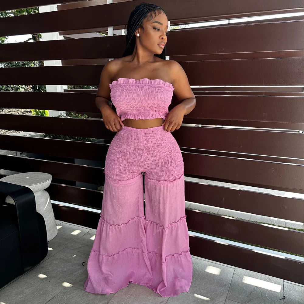 Women Summer Sexy Outfits 2pc Boho Pant Sets Ruffled Two Pieces Pants Set Ladies Strapless Crop Tube Top and Wide Leg Pants Suit - JN Fashion Fusion