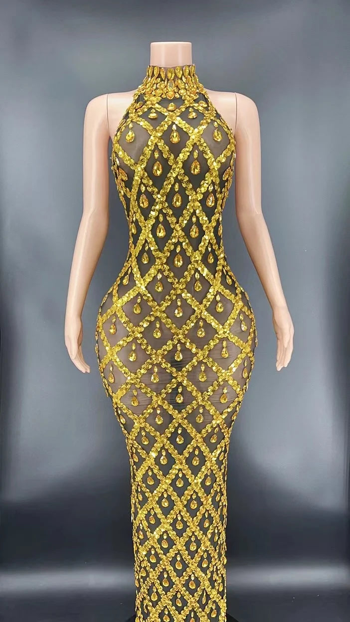 Elegant Dark Mesh Celebrate Evening Wedding Prom Gown Birthday Dress Photograph Wear Sparkly Rhinestones Sleeveless Long Dress - JN Fashion Fusion