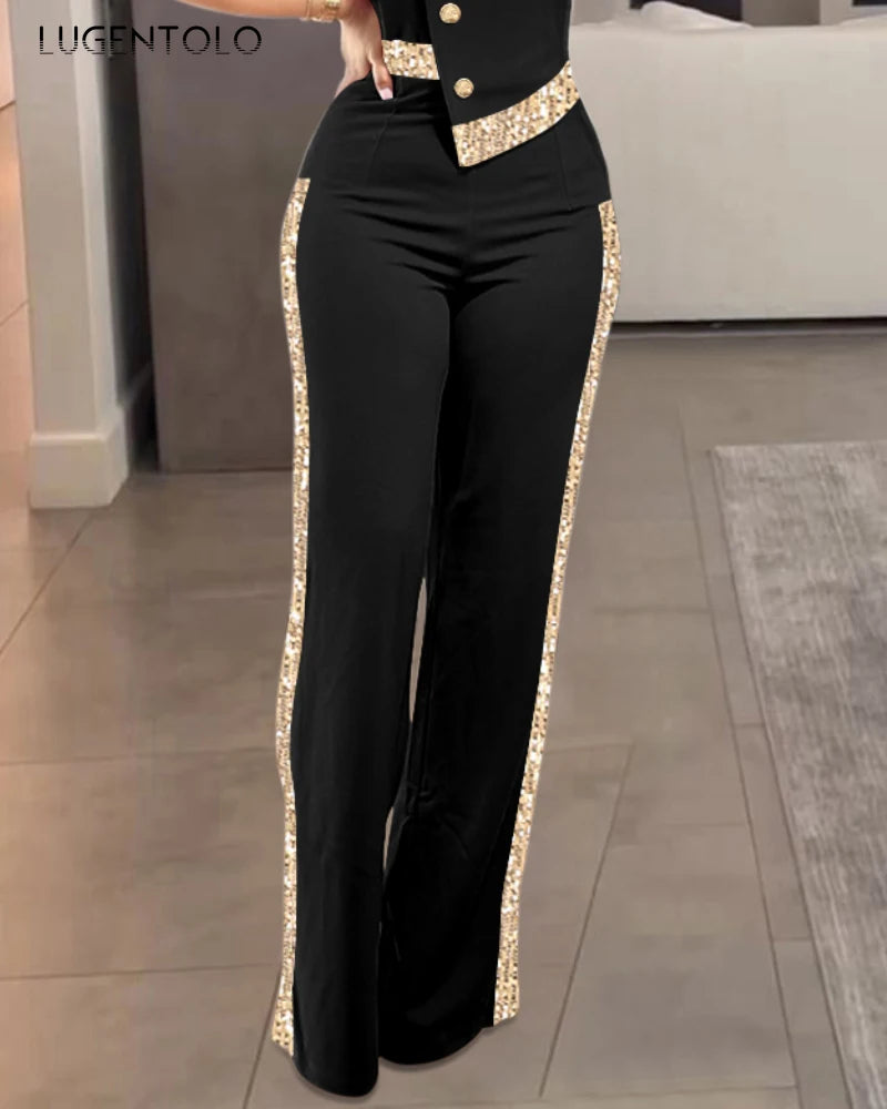 Women Contrast Sequin Jumpsuit Sexy Strapless Jumpsuits Lady Elegant Party 2025 Button Decor Casual Wide Leg Rompers - JN Fashion Fusion