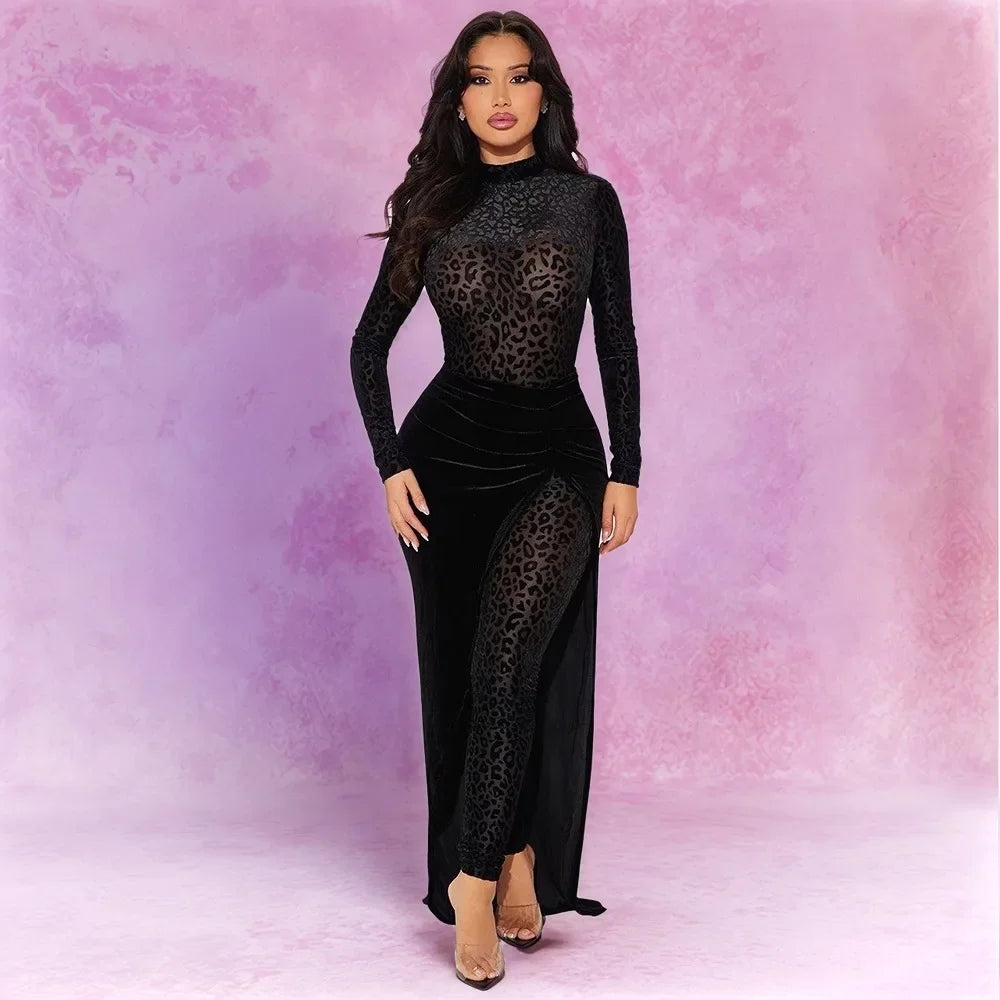 CM.YAYA Women's Set Leopard Velvet Long Sleeve Jumpsuits +Long Skirts 2025 Spring Streetwear Sexy Party Two 2 Piece Sets Outfits - JN Fashion Fusion