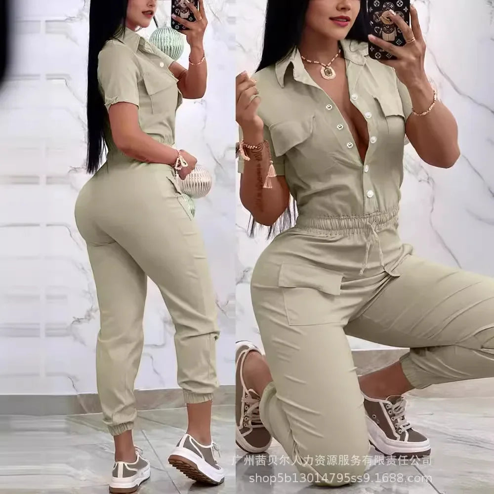 Short Sleeve Pocket Design Cuffed Cargo Jumpsuit Women Summer Solid Color Playsuits Jumpsuits Pants High Waist - JN Fashion Fusion