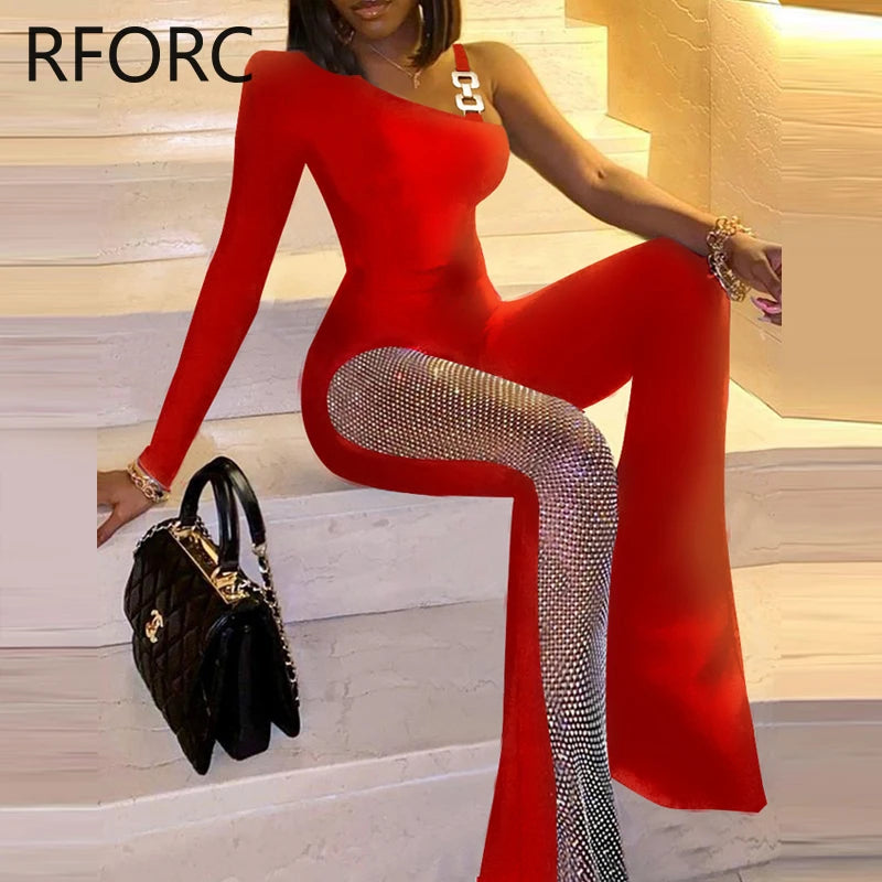 2023 Women Solid One Shoulder Long Sleeves Patchwork Working Formal Jumpsuits - JN Fashion Fusion