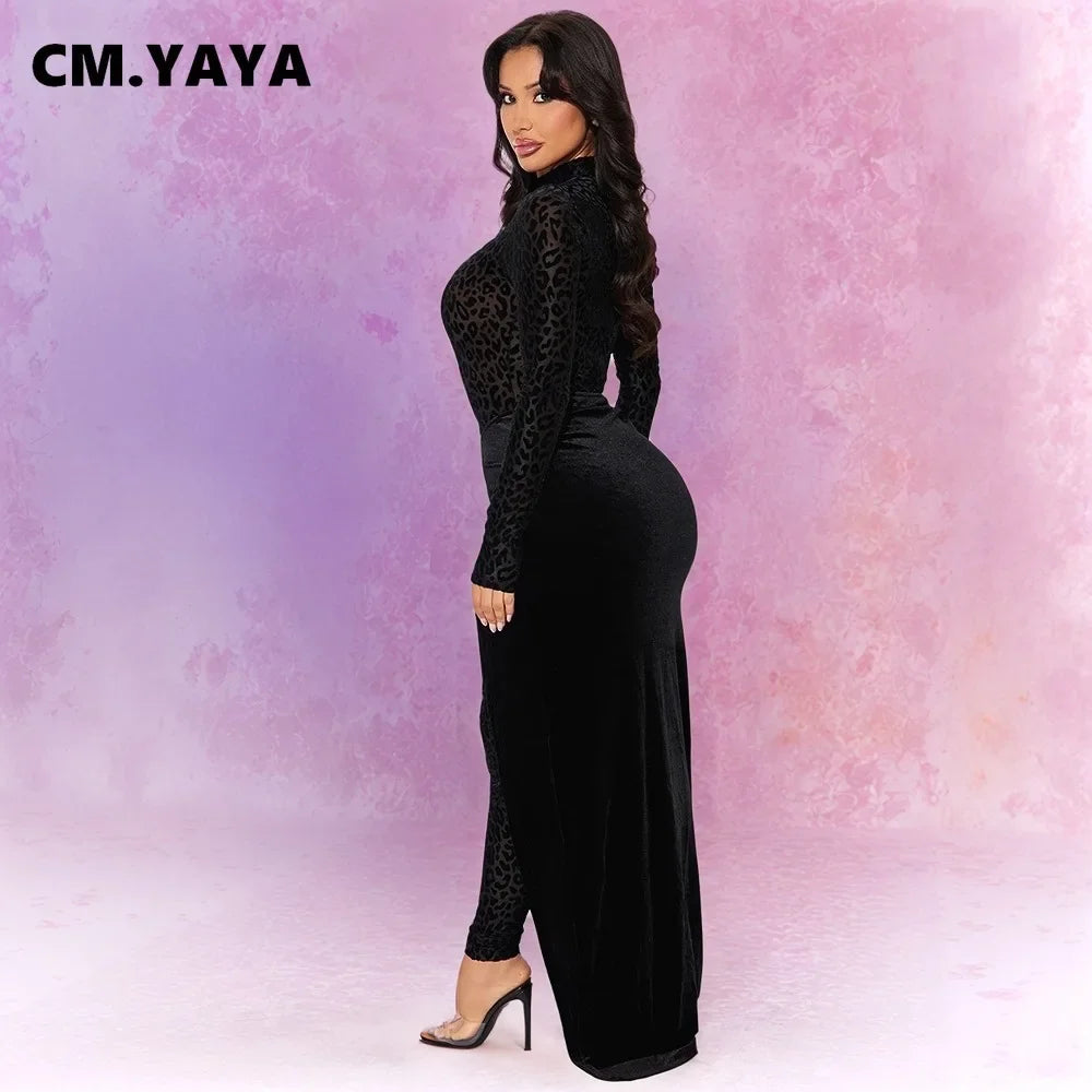 CM.YAYA Women's Set Leopard Velvet Long Sleeve Jumpsuits +Long Skirts 2025 Spring Streetwear Sexy Party Two 2 Piece Sets Outfits - JN Fashion Fusion