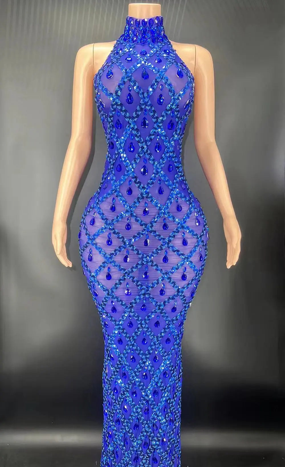Elegant Dark Mesh Celebrate Evening Wedding Prom Gown Birthday Dress Photograph Wear Sparkly Rhinestones Sleeveless Long Dress - JN Fashion Fusion