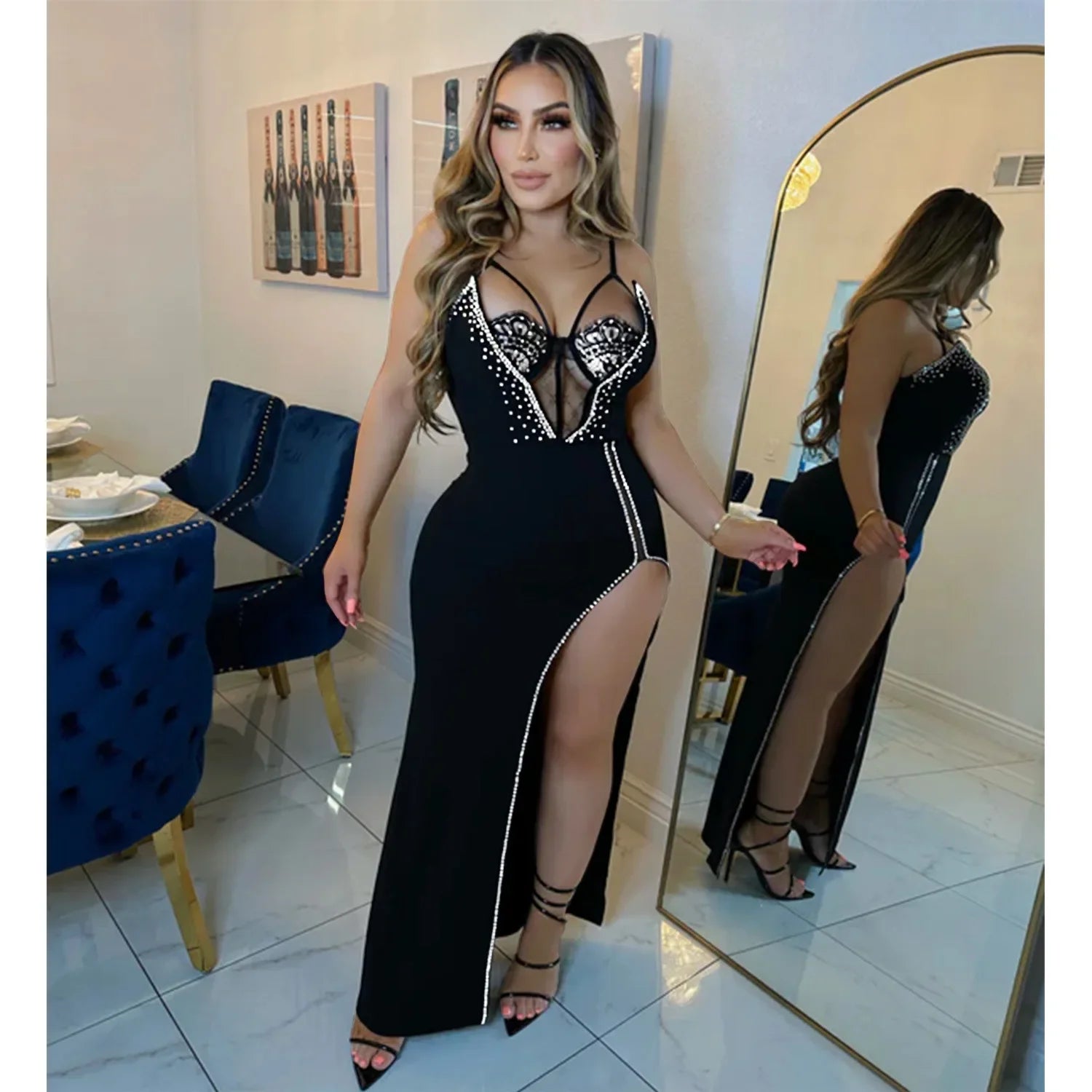 CM.YAYA Women Lace Patchwork Sweetheart Neck High Side Split Bodycon Midi Maxi Dress 2023 Vestidos Sexy Party Birthday Dresses - JN Fashion Fusion
