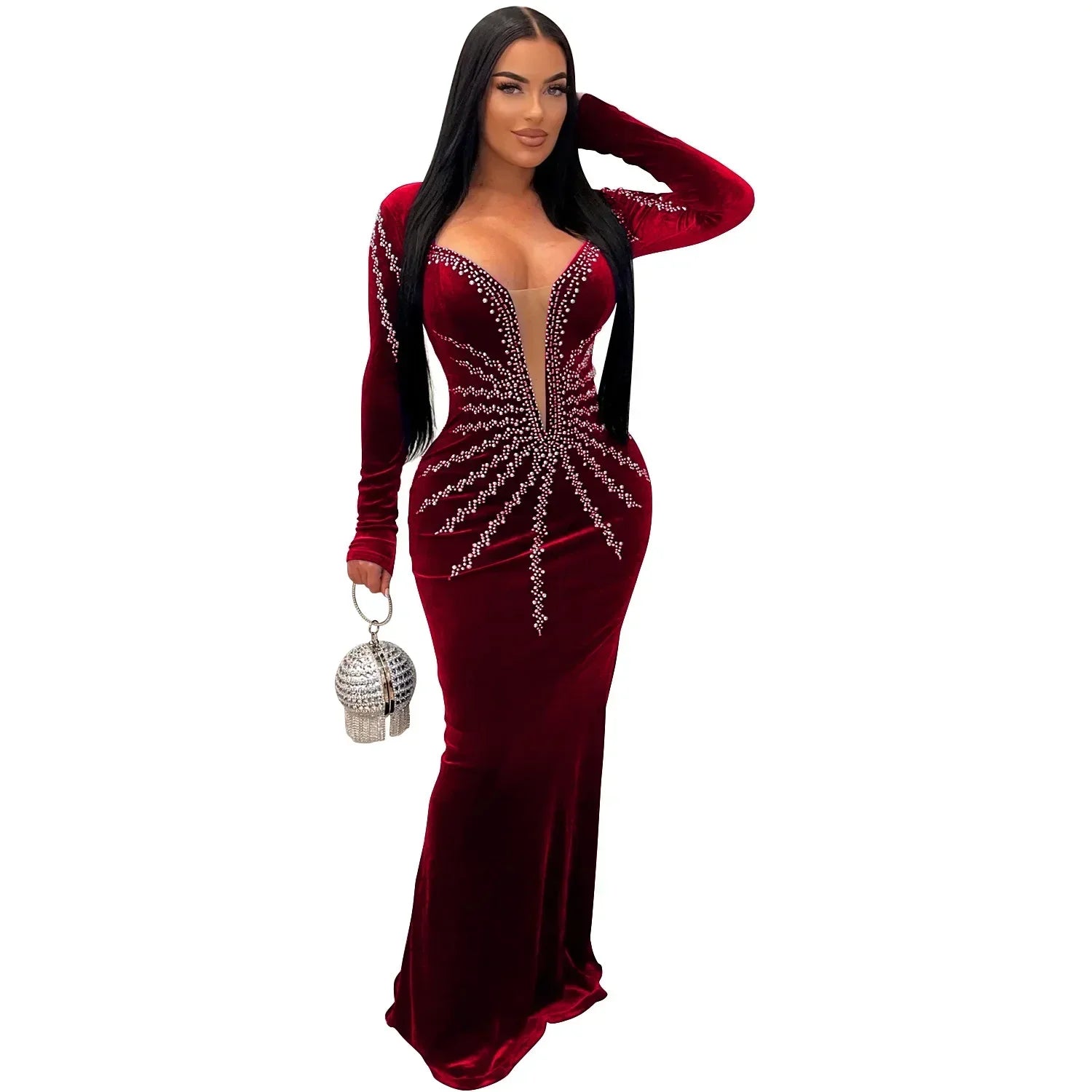 2025 Elegant Diamonds Velvet Long Party Dress for Women Sexy Deep V Evening Gown Formal Black Slim Dress Robe - JN Fashion Fusion