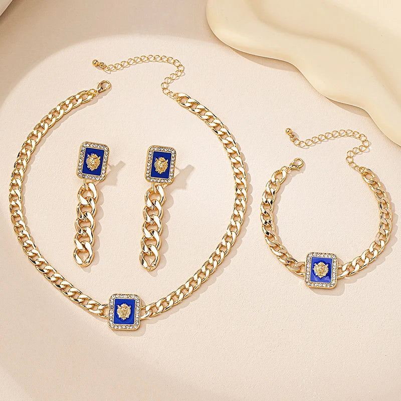 3PCS Vintage Gold Lion Head Jewelry Set for Women - Square Earring, Bracelet & Colorful Enamel Rhinestone Necklace - JN Fashion Fusion