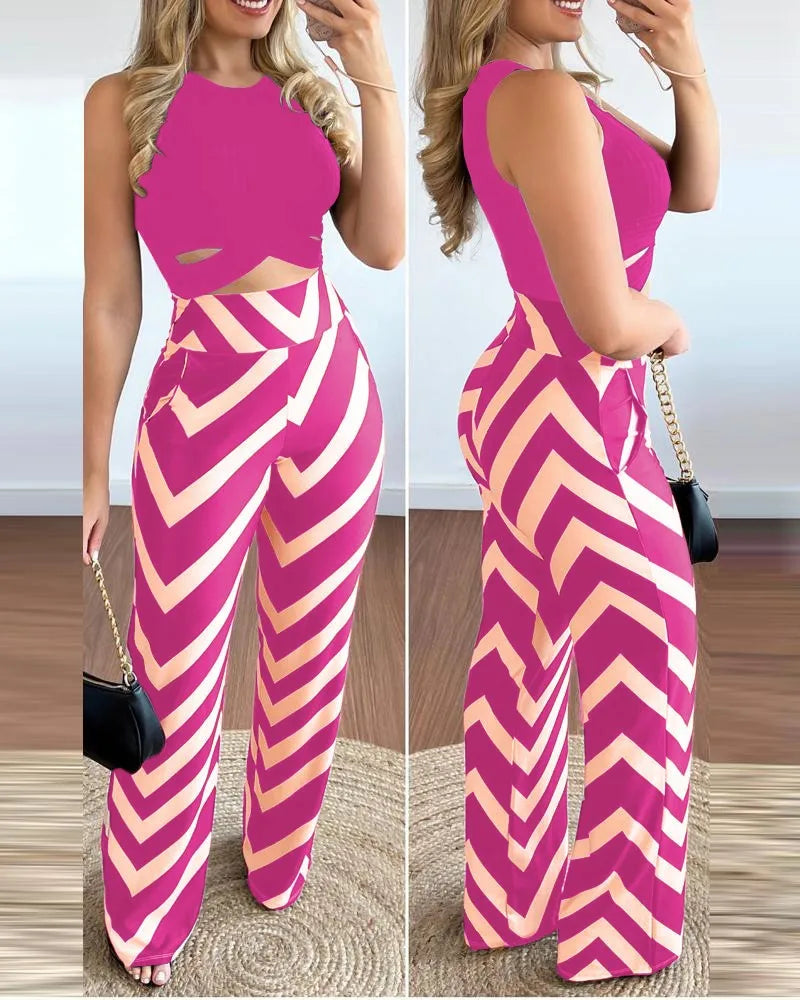 Spring Summer New Sleeveless Short Top Women's Suit Fashion Printed Trousers Slim Slim Simple Elegant Female Office 2 Piece Set - JN Fashion Fusion