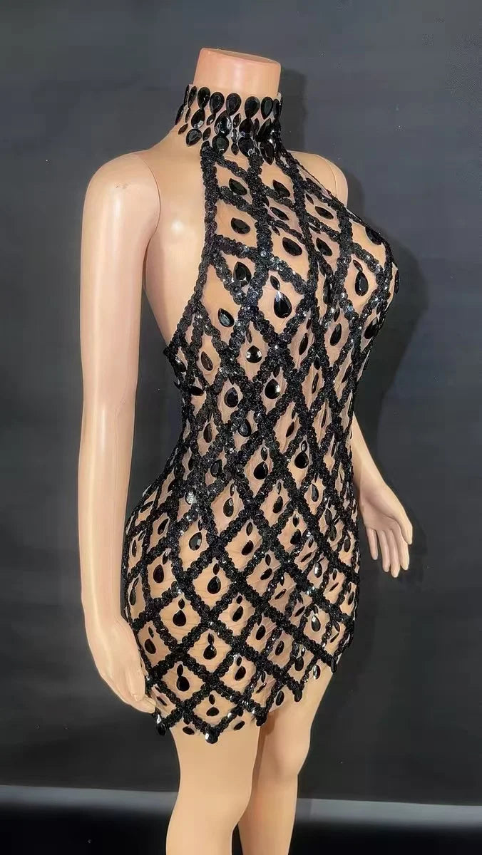 Short Dress Singer Show Performance Stage Wear Shiny Evening Celebrate Birthday Dress Sparkly Black Sequins Rhinestones - JN Fashion Fusion