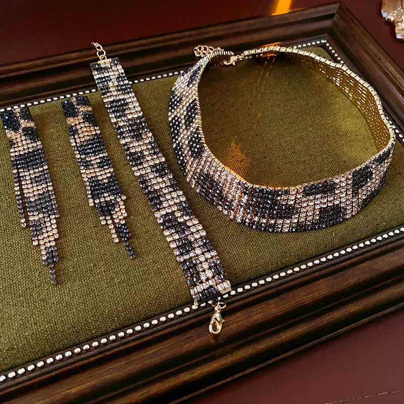Women's Fashion Jewelry Set with Leopard Print and Inlaid Rhinestone Long Tassel Earrings and Statement Necklace and Bracelet - JN Fashion Fusion