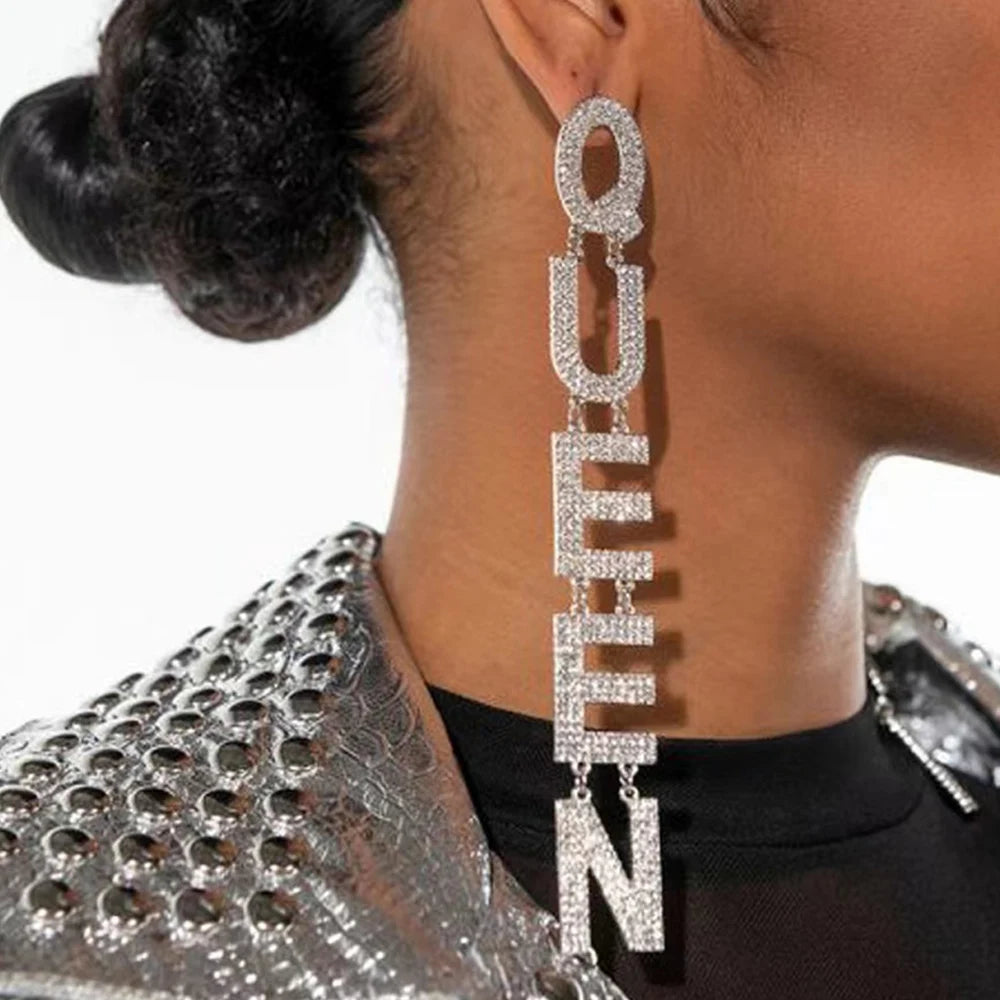 2022 Exaggerated Queen Rhinestone Earrings for Women Fashion Long Letters Pendant Earring Fashion Shiny Party Costume Jewelry - JN Fashion Fusion
