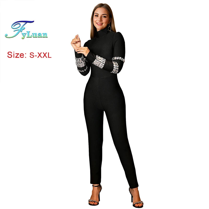 Slim Women Long Sleeve Jumpsuits With Diamonds Temperament Tracksuit Casual Solid Color Simple O NeckHoliday Women Outfit Pants