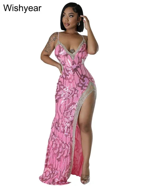 New Sequin Glitter Rhie Birthdy Party Long Dress Women's Spaghetti Straps High Split Wedding Evening Prom Celebrity
