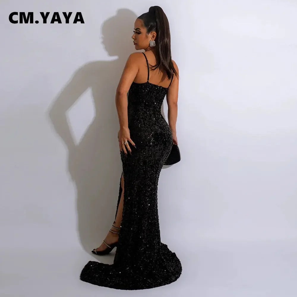CM.YAYA Women Sequined Tassel Front Spaghetti Strap Sleeveless High Side Slit Maxi Long Dress 2023 Evening Sexy Party Dresses - JN Fashion Fusion