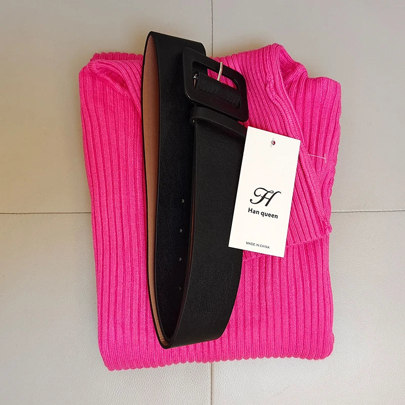 H Han Queen Knitted Turtleneck Sweater Bodycon Dress Bottoming Women Soft Elastic Autumn Winter Midi Party Dresses With Belt - JN Fashion Fusion