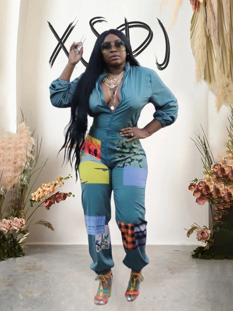 Sporty Jumpsuit Woman Spring Long Sleeve Plus Size Jumpsuits and Rompers Zipper in Front One Piece Outfit Streetwear Jumpsuits - JN Fashion Fusion