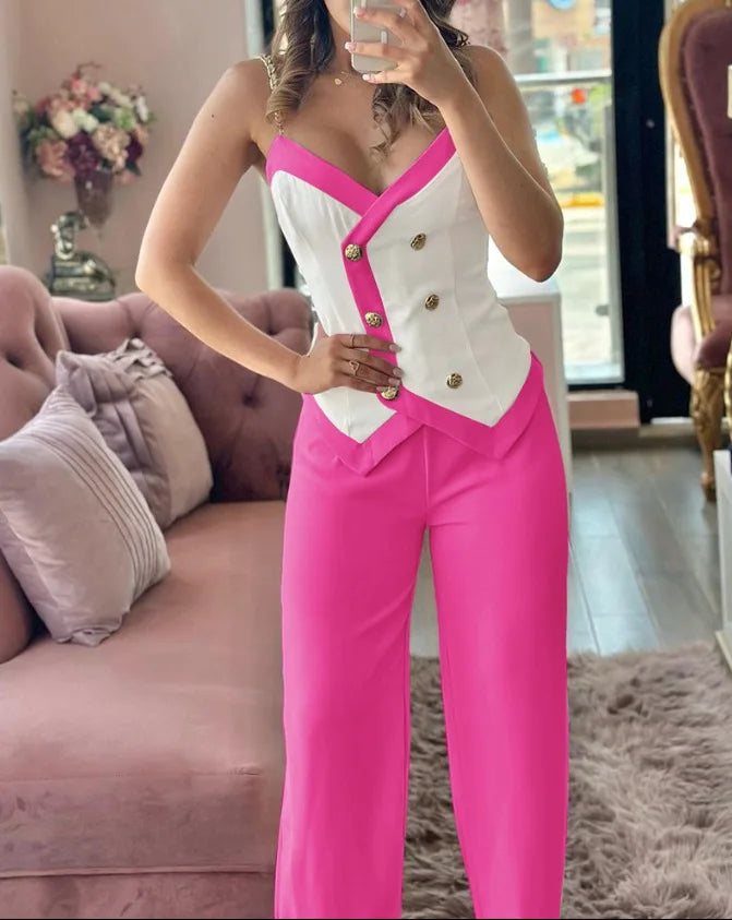 Spring Summer New Fashion Commuter Women Suit Irregular Top Wide Leg Trousers Metal Suspenders Double Breasted Slim Suit Lady - JN Fashion Fusion