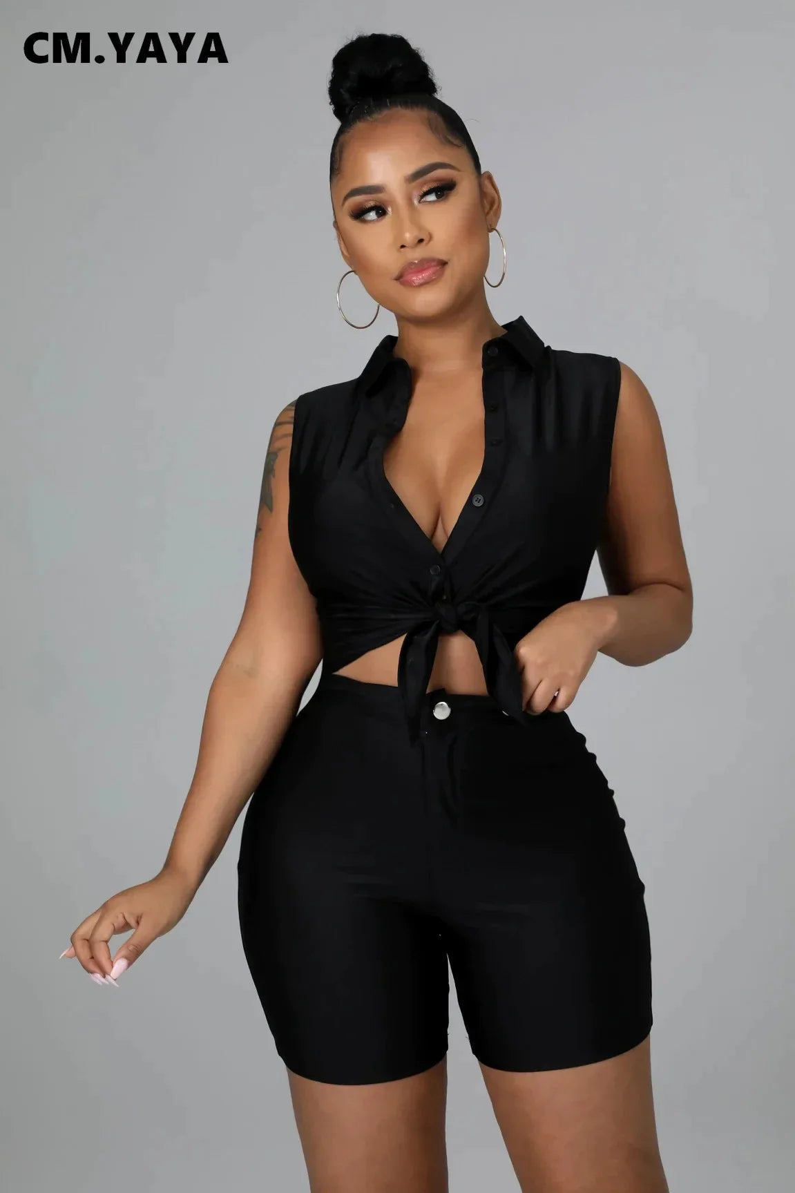 CM.YAYA Elegant Active Women's Set Sleeveless Shirt Top and Shorts Suit Tracksuit Two 2 Piece Set Fitness Outfits 2022 Summer - JN Fashion Fusion