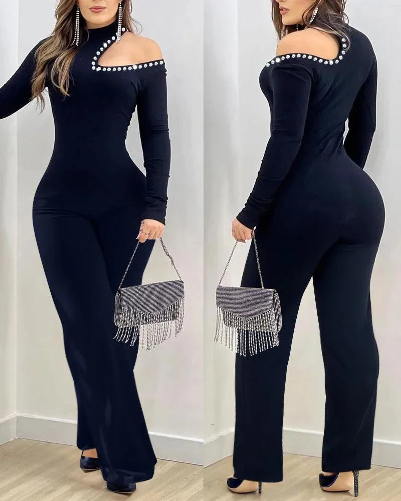 Rhinestone Jumpsuits Women Cold Shoulder High Neck High Waist Rompers Jumpsuit Long Sleeve Slim Fit Flared Pants Jumpsuit