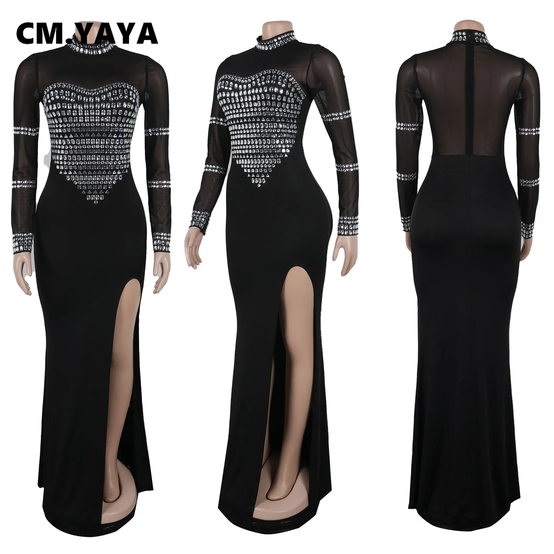 CM.YAYA Women Full Sleeve Diamonds Mesh Rhinestones High Side Split Mermaid Maxi Long Dress Evening Sexy Party Dresses Vestidos - JN Fashion Fusion