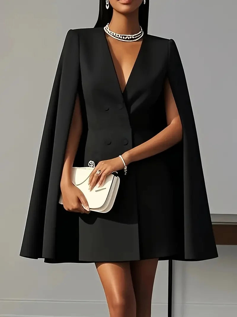 Women Fashion Commuter Solid Blazers Dress Office Double Breasted Waist Party Dress Elegant V-neck Shawl Cape Sleeve Midi Dress - JN Fashion Fusion