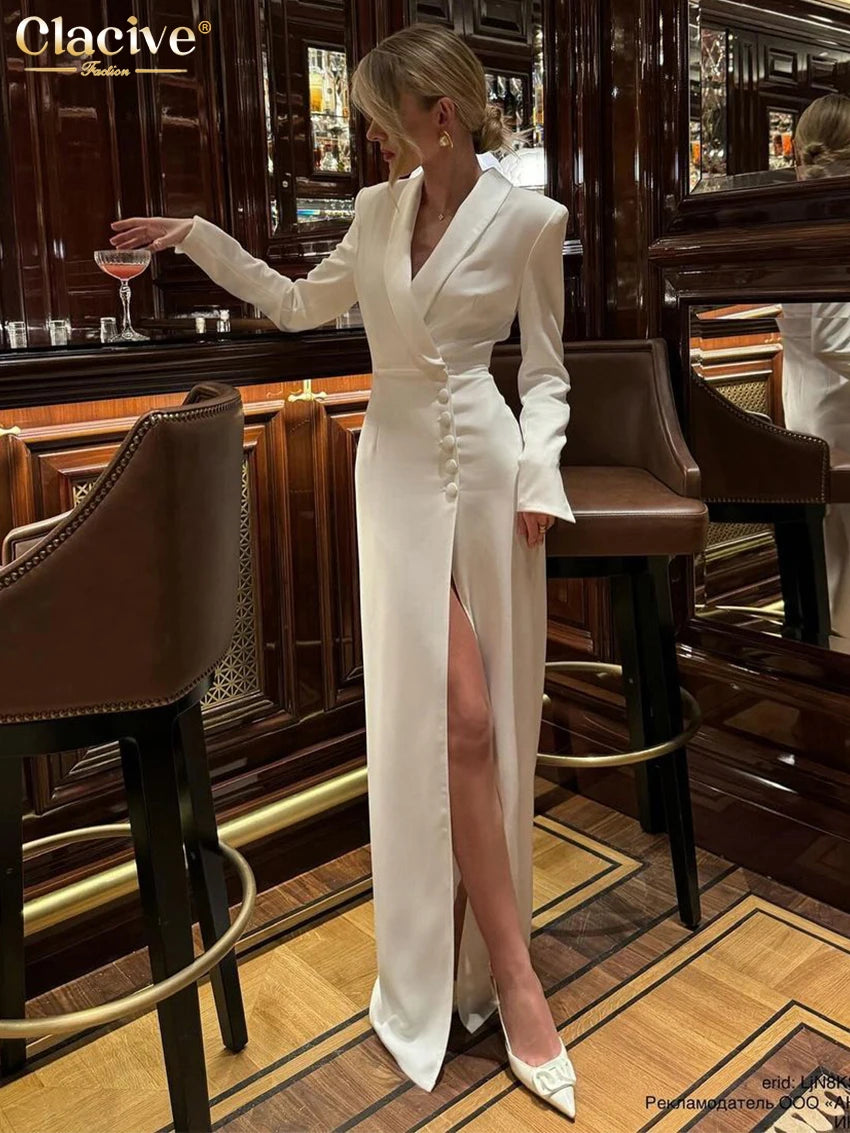Clacive Fashion Slim White Dress Bodycon Lapel Long Sleeve Ankle Length Dress Party Elegant Classic Slit Dresses For Women 2024 - JN Fashion Fusion
