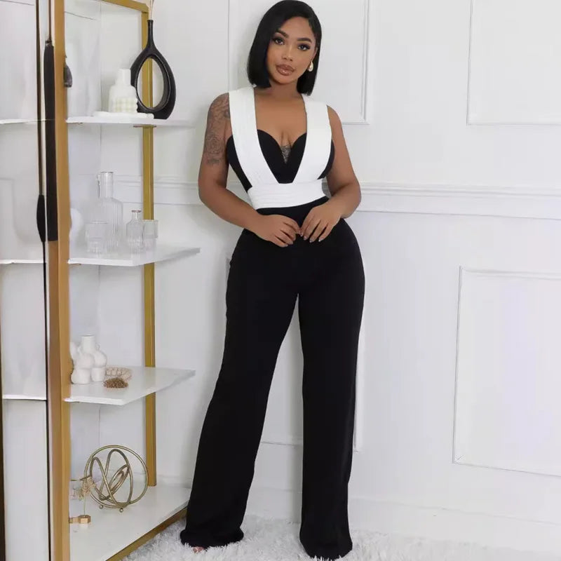 New Trendy Women Summer Jumpsuit Sexy Office Lady White Black Patchwork Hollow Out Jumpsuit - JN Fashion Fusion