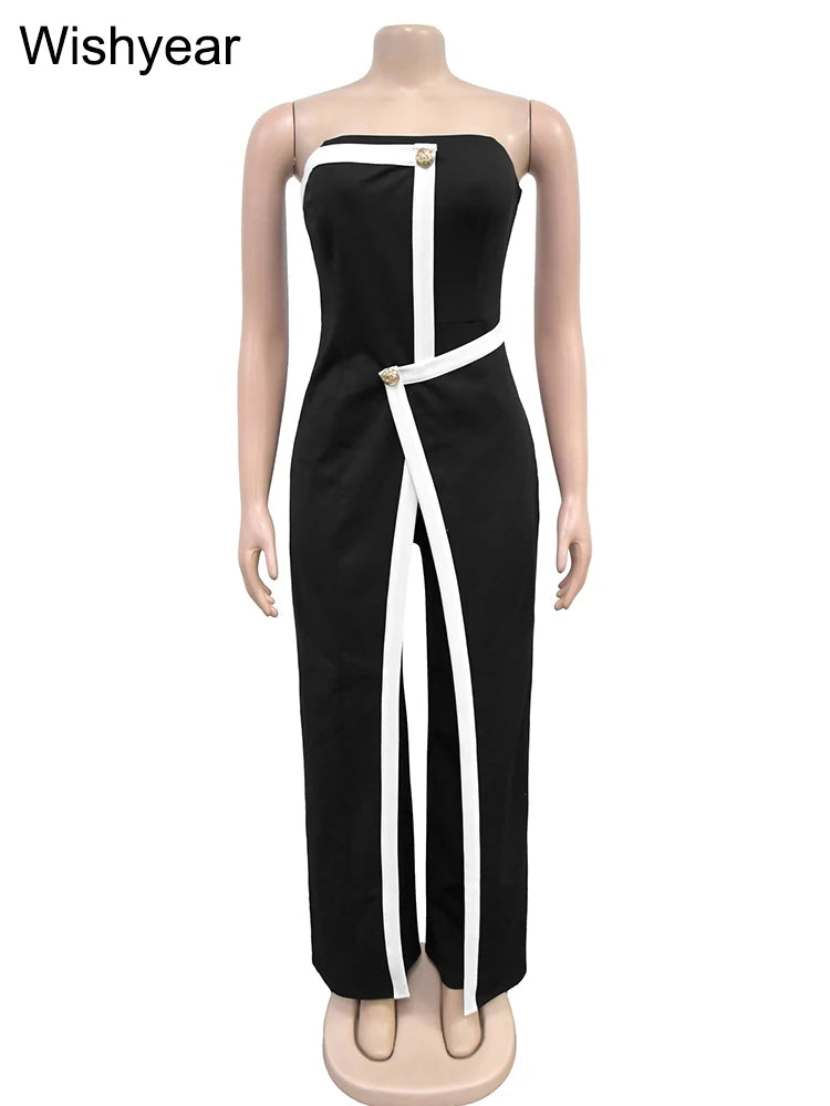 Wishyear Irregular Off Shoulder Sleeveless Strapless Jumpsuits Women Button Patchwork Wide Leg Pants Evening One Piece Outfits - JN Fashion Fusion