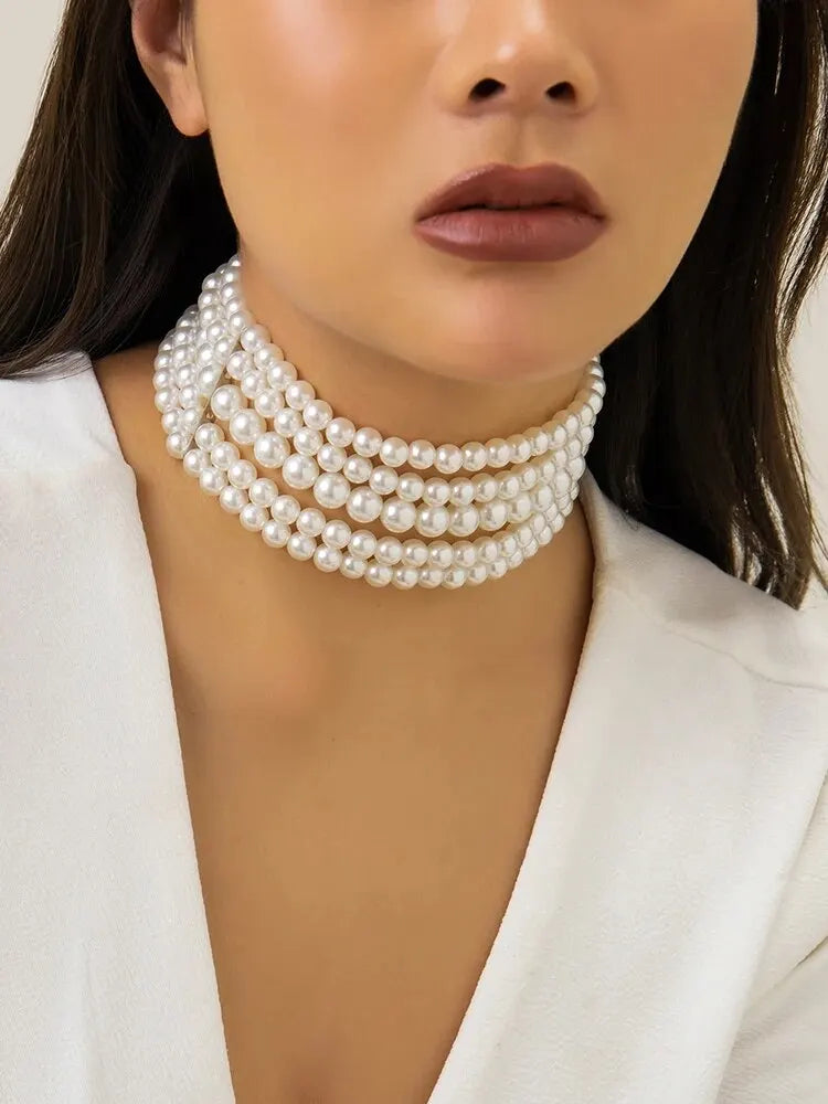 Vintage Imitation Pearl Multi-Layer Necklace Oval Beasds Choker Elegant Collar for Women's Chain Jewelry Accessories Party Gift - JN Fashion Fusion