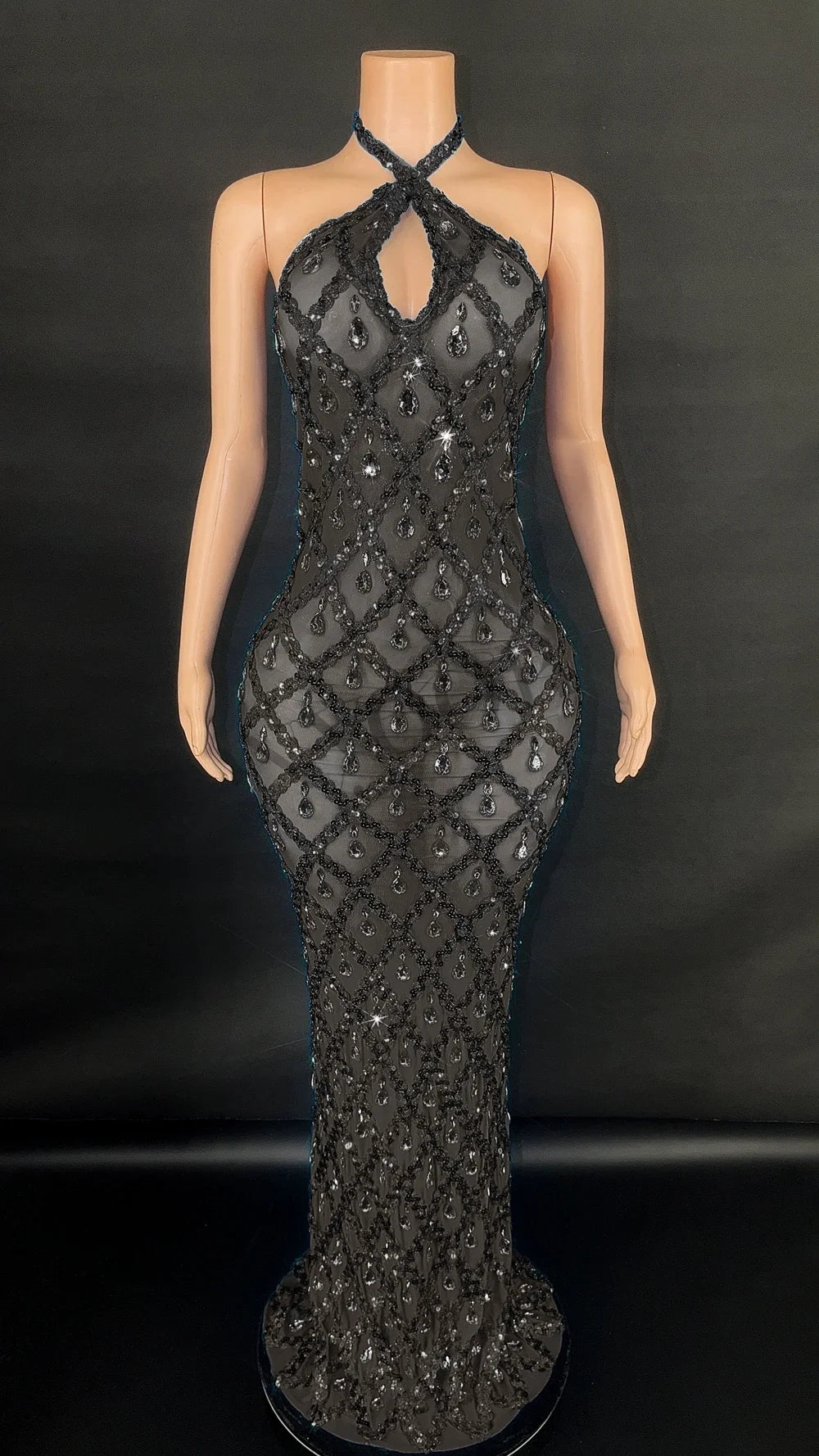 Sparkly Rhinestones Long Dress for Women Sexy V Neck Backless Mesh Transparent Celebrate Evening Wedding Prom Birthday Dress - JN Fashion Fusion