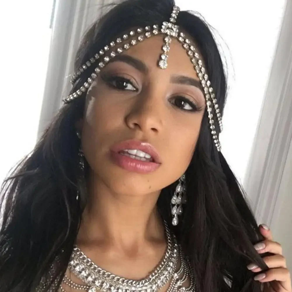 Fashion Trendy Rhinestone Fringe Head Chain Forehead Headband Bohemian Hair Accesories Tiara Headdress Wedding for Women