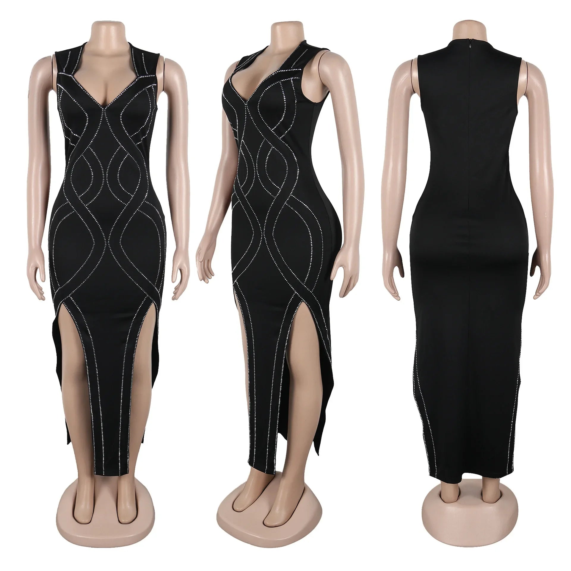 CM.YAYA 2025 Spring Diamonds Hot Rhinestones Cross V-neck Women Sleeveless Long Dress Birthday Party Evening Prom Maxi Dresses - JN Fashion Fusion