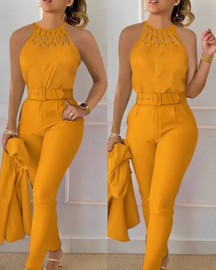Two Piece Set Women Outfit 2024 Summer Fashion Hollow Out Round Neck Sleeveless Tank Top & Casual Pocket Daily Pants Set PP9X - JN Fashion Fusion