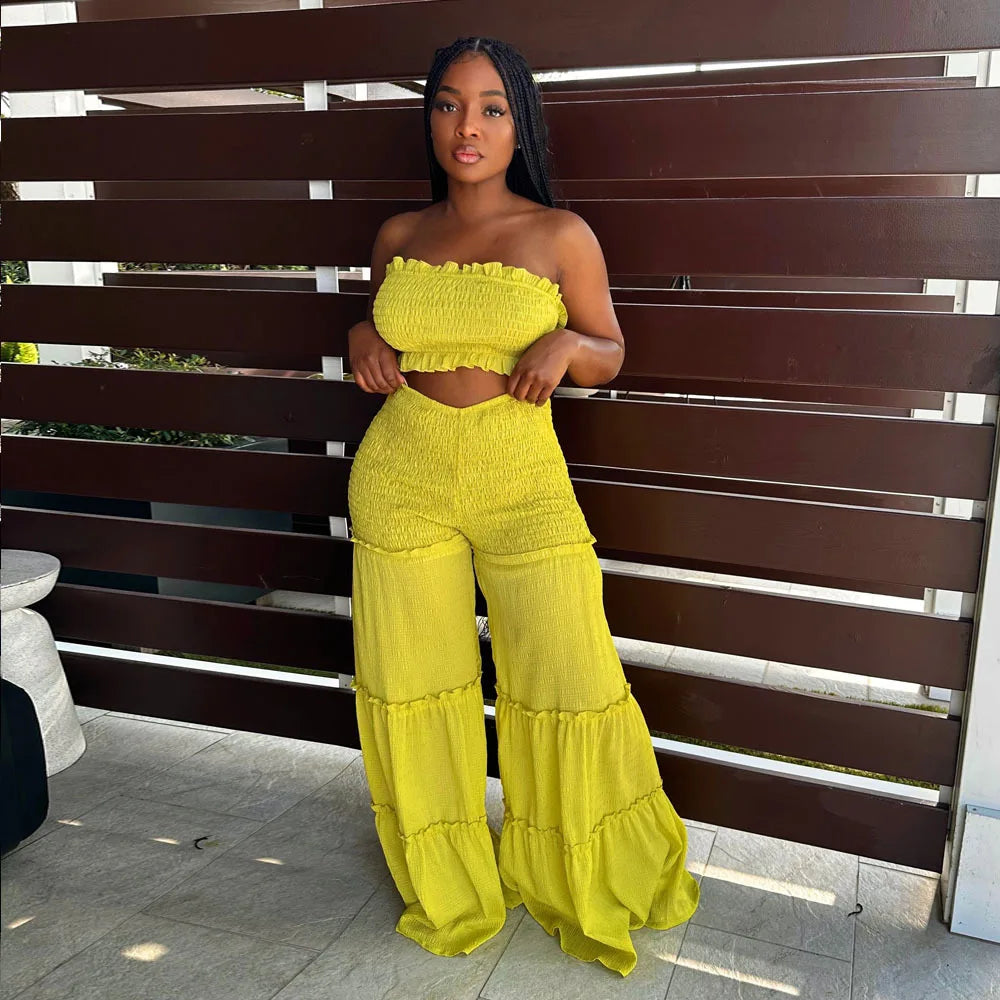Women Summer Sexy Outfits 2pc Boho Pant Sets Ruffled Two Pieces Pants Set Ladies Strapless Crop Tube Top and Wide Leg Pants Suit - JN Fashion Fusion