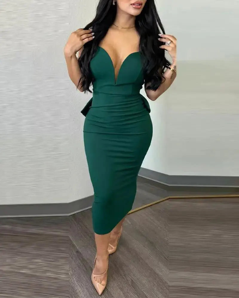 Elegant V-Neck Backless Midi Dress for Women 2025 Spring Sleeveless Bow Sexy Party Birthday Bodycon Dresses Vestidos - JN Fashion Fusion