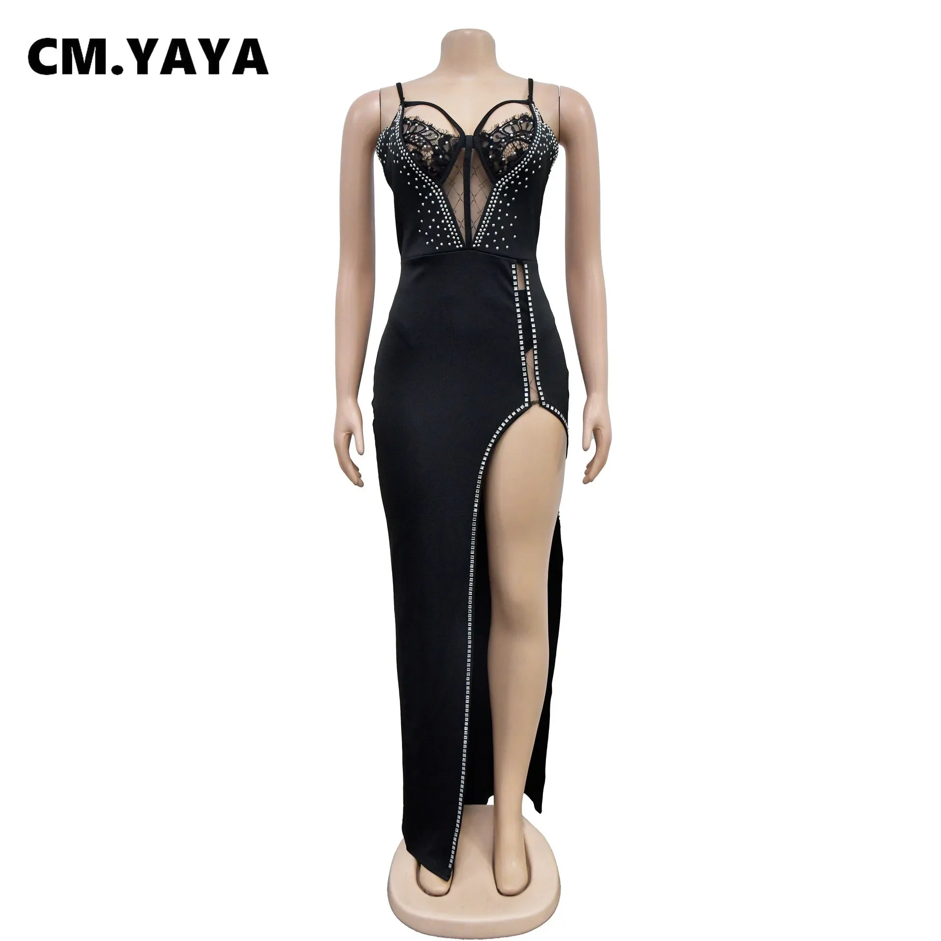 CM.YAYA Women Lace Patchwork Sweetheart Neck High Side Split Bodycon Midi Maxi Dress 2023 Vestidos Sexy Party Birthday Dresses - JN Fashion Fusion