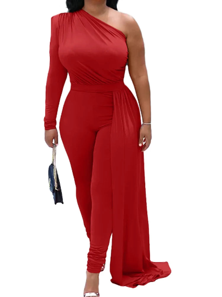 Red Puff Sleeve One Shoulder Long Sleeve Jumpsuits - JN Fashion Fusion