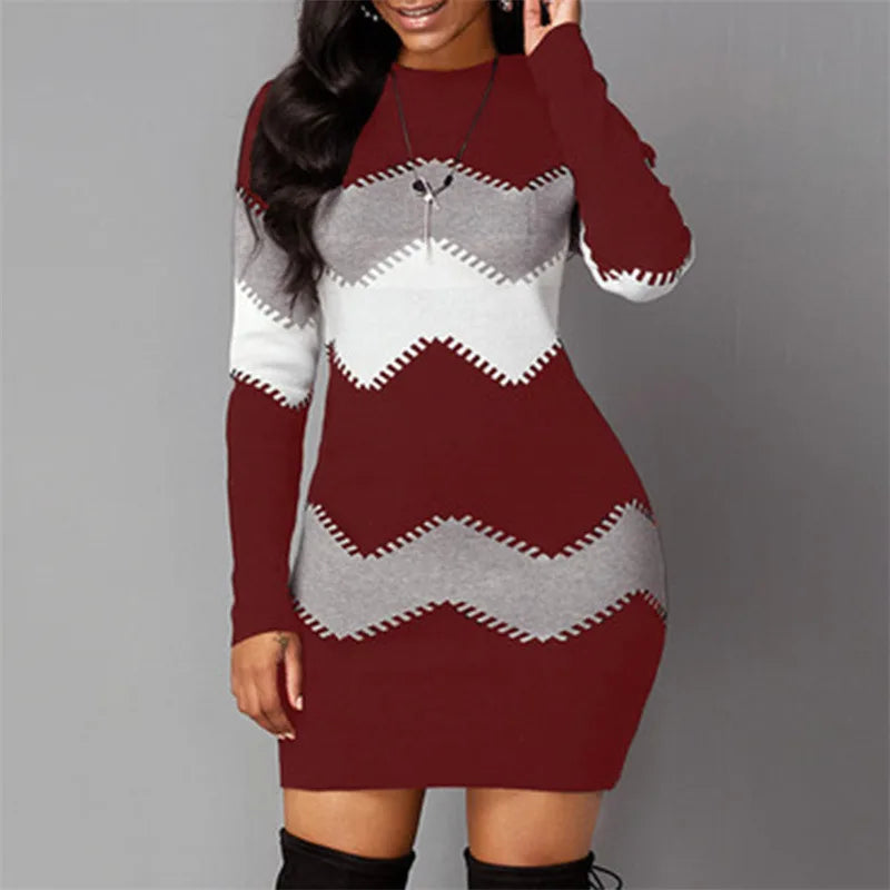 Women Elegant Patchwork Long Sleeve Warm Dress 2022 Autumn Winter Rib Knit Sweater Dress Casual Turtleneck Pullover Mini Dresses - JN Fashion Fusion