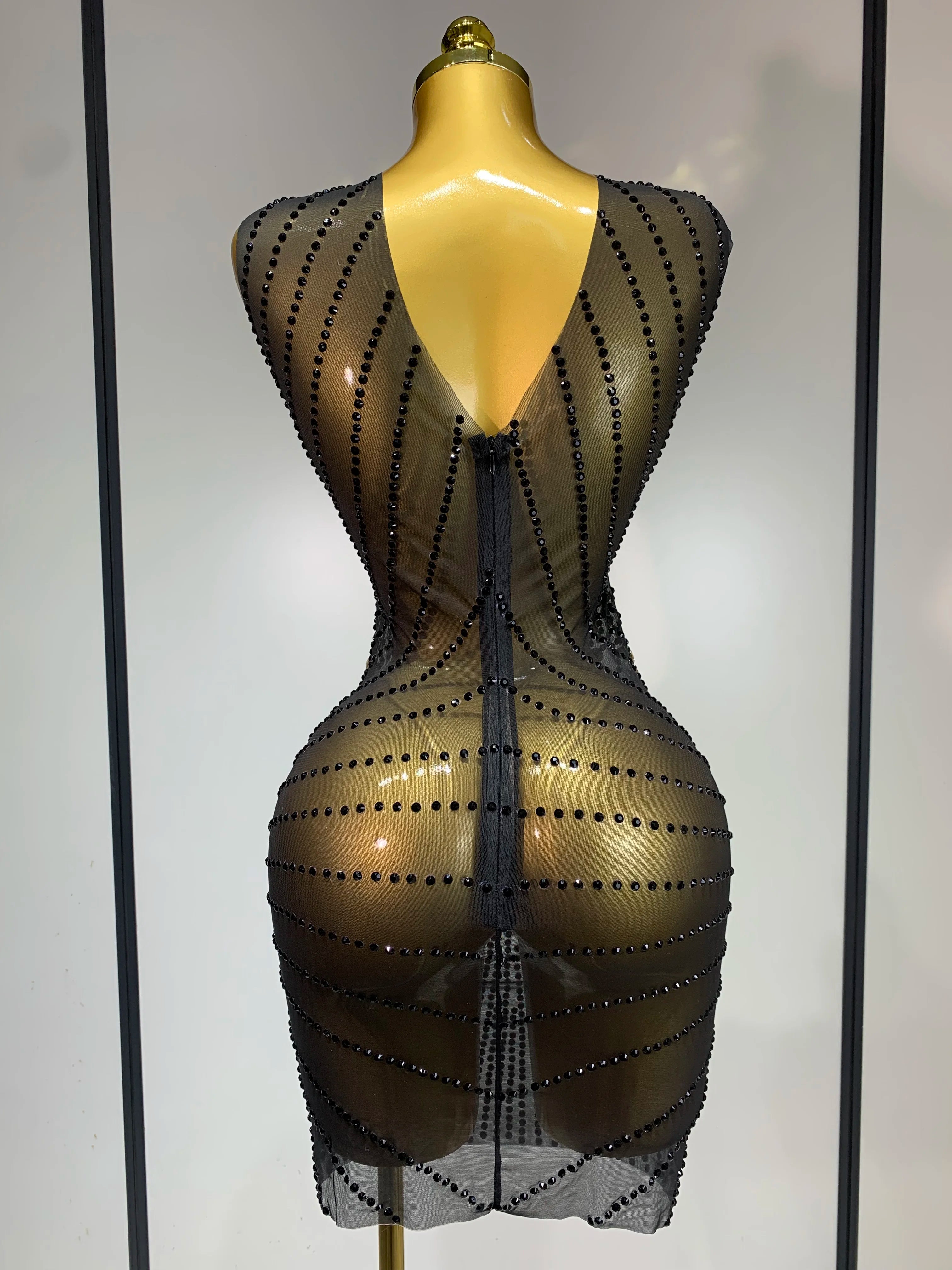 Sparkly Gold Rhinestone Transparent Sleeveless Mini Dress Evening Birthday Celebrate Party Nightclub Dance Performance Outfit - JN Fashion Fusion