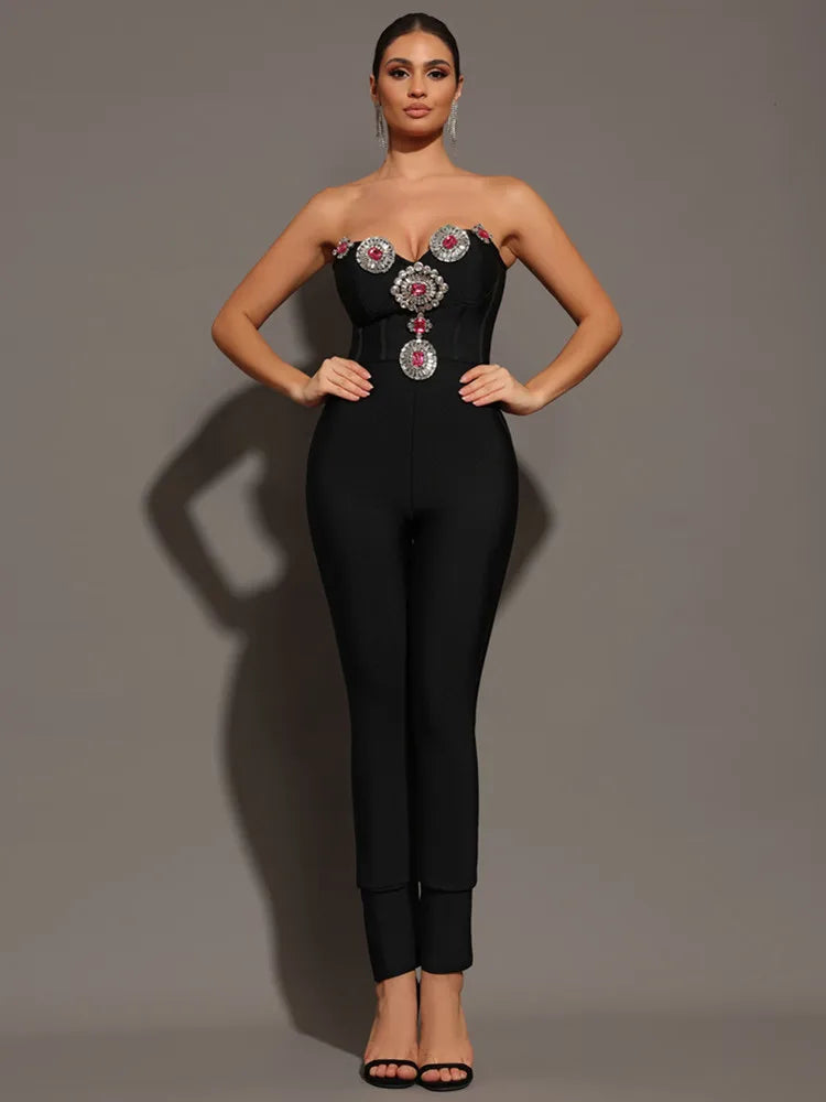 Women Summer Sexy Strapless Diamonds Beading Black Bodycon Bandage Jumpsuit 2024 Celebrity Designer High Street Rompers - JN Fashion Fusion