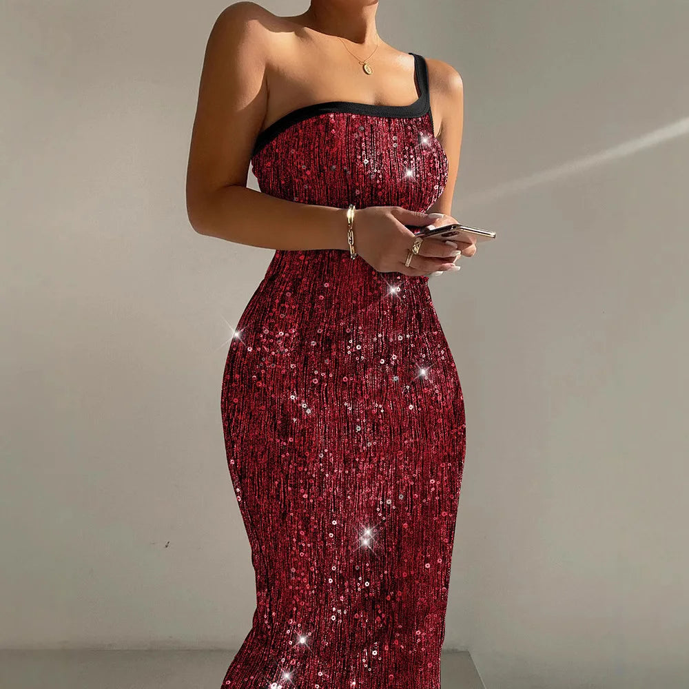 Women Sexy Slim Glitter Lurex One Shoulder Spaghetti Strap Slim Fit Bodycon Allover Sequin Midi Evening Dress - JN Fashion Fusion