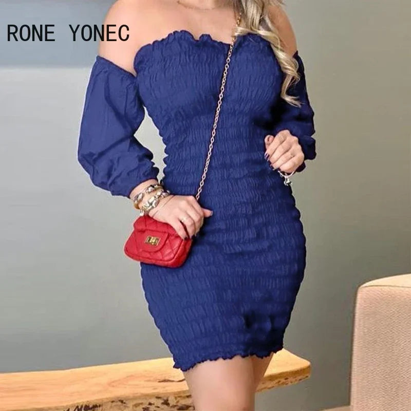 Women Casual Solid Off Shoulder waistband Lantern sleeves Folds All over Print Mini Dress - JN Fashion Fusion